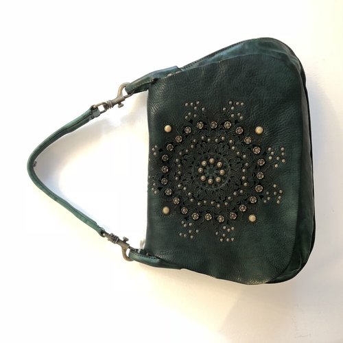 Campomaggi Genuine leather. Cross body bag. Bleached + studs + laser serenoa. Green Bottle. Campomaggi Genuine leather. Cross body bag. Bleached + studs + laser serenoa. Green Bottle.