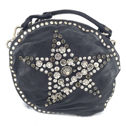 Campomaggi 100% genuine leather. Line STELLA ALPINA. Roundie shoulder bag. Star stud pattern. Nero. Campomaggi 100% genuine leather. Line STELLA ALPINA. Roundie shoulder bag. Star stud pattern. Nero.