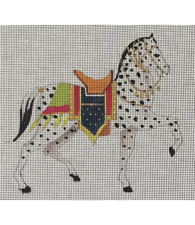 Beautiful Speckled Horse  with Colorful Saddle