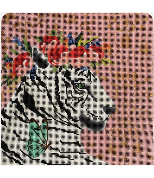 Tigar with Pink Background and Floral Headdress