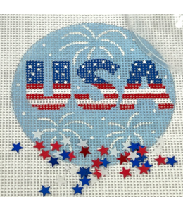 USA w/ Sparkly White Fireworks 3" Round w/ Clear Dome & Confetti