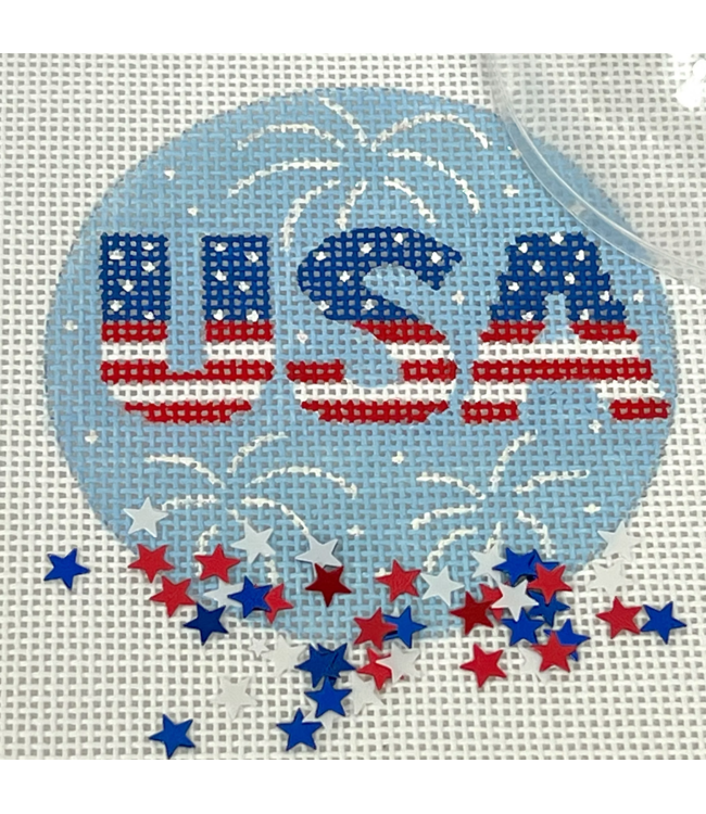 USA w/ Sparkly White Fireworks 3" Round w/ Clear Dome & Confetti