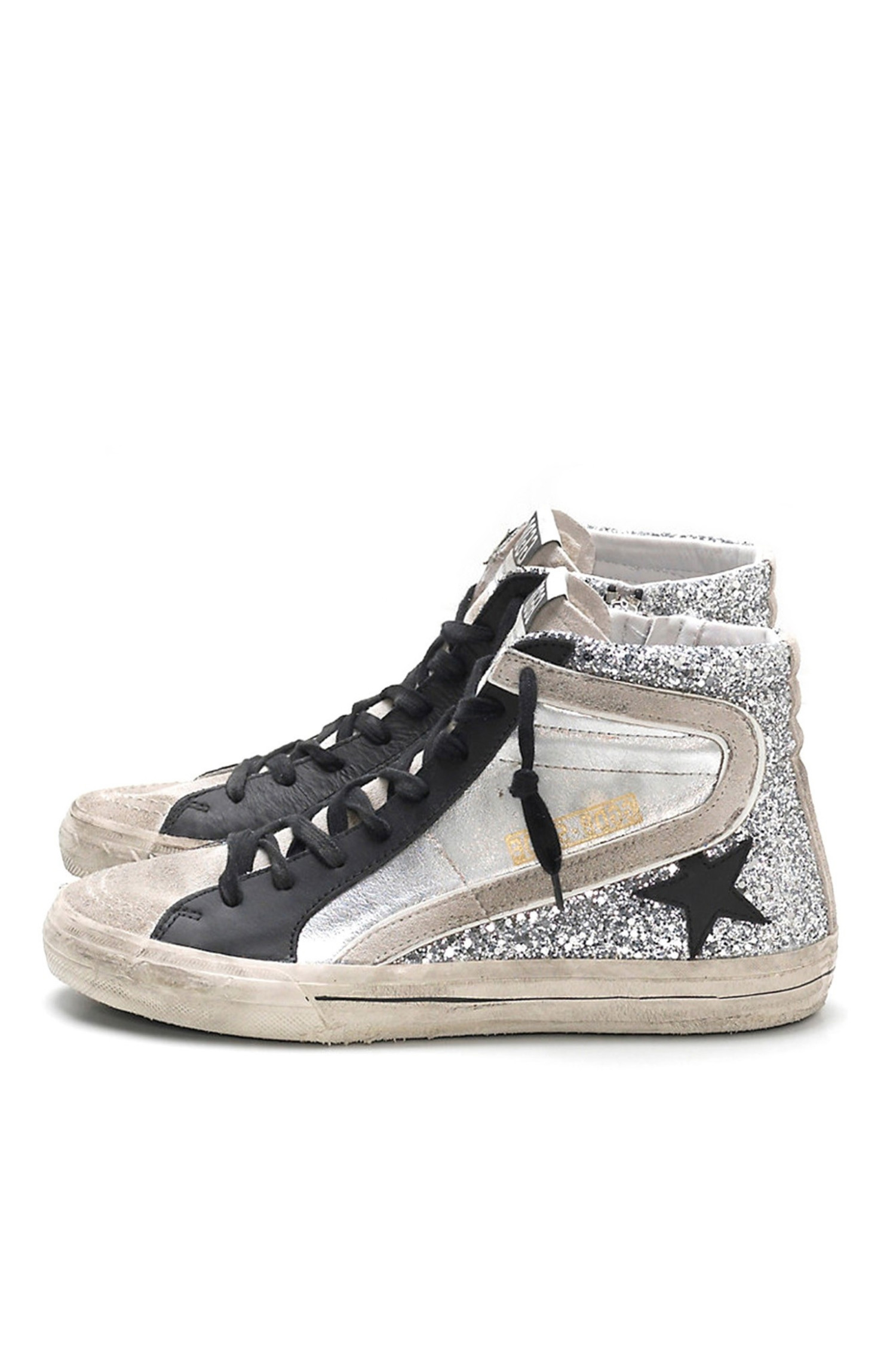 silver and black golden goose sneakers