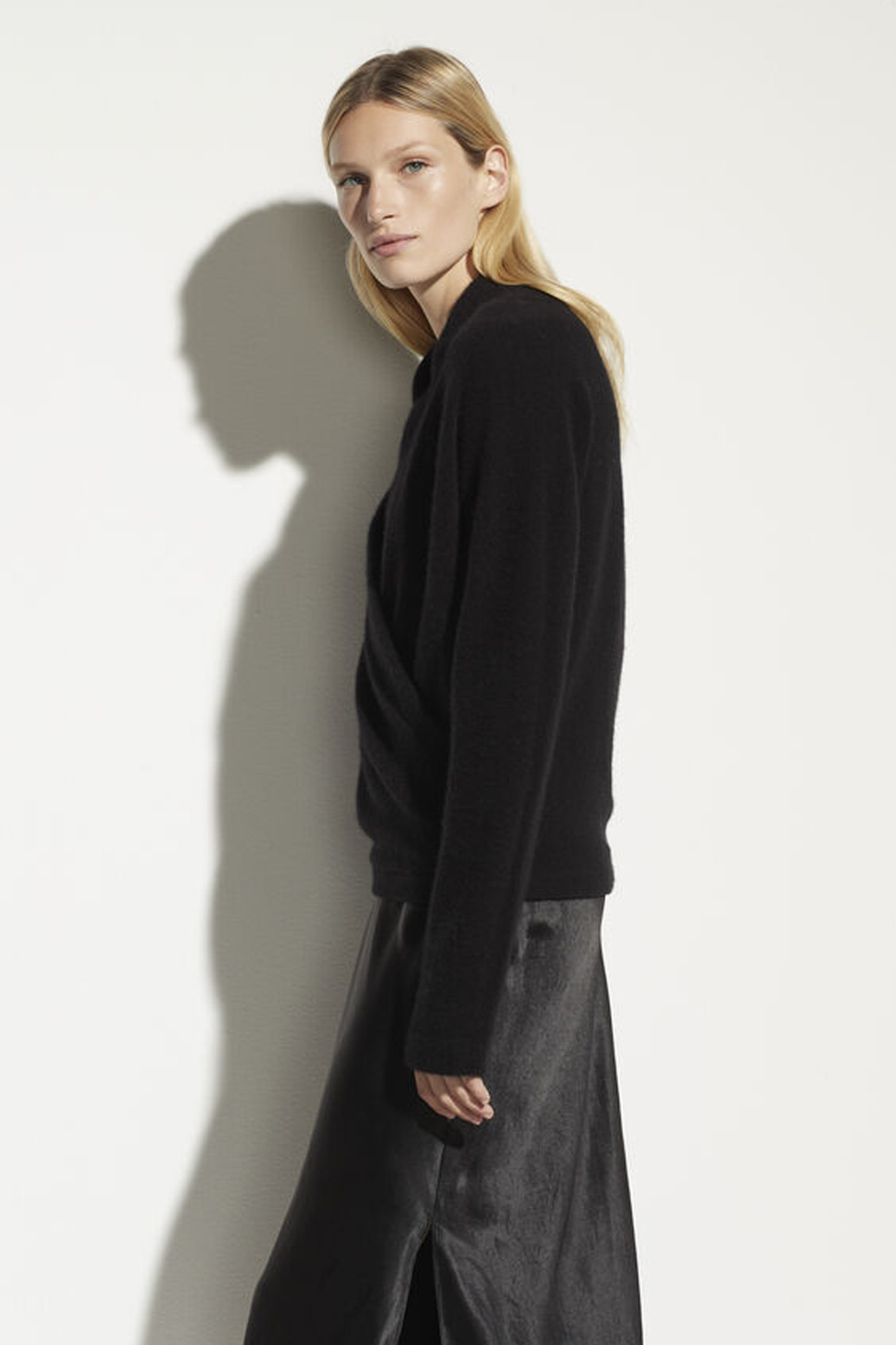 boiled cashmere wrap front pullover