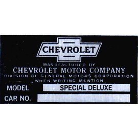 Roadster Pilot A2 Vin Tag - Chevy (2 Lines) Model: Special Deluxe & Car No