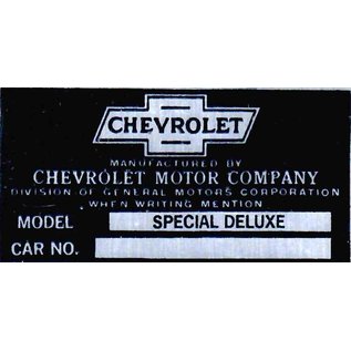 Roadster Pilot A2 Vin Tag - Chevy (2 Lines) Model: Special Deluxe & Car No