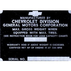 Roadster Pilot A6 Vin Tag - Chevy Gross Weight (Serial No)