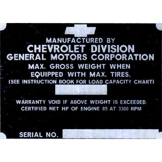 Roadster Pilot A6 Vin Tag - Chevy Gross Weight (Serial No)