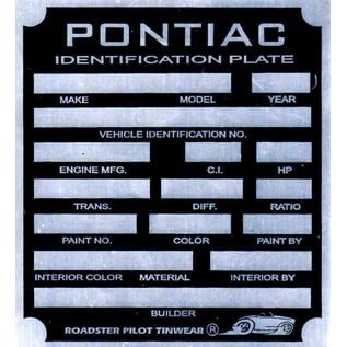 Roadster Pilot B1 Vin Tag - Pontiac ID Plate