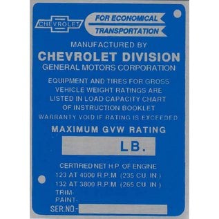 Roadster Pilot F2 Vin Tag - 47-50 Chevy Truck