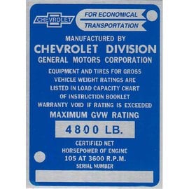 Roadster Pilot G6 Vin Tag - 55-59 Chevy Truck