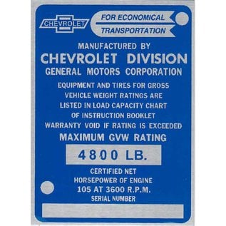 Roadster Pilot G6 Vin Tag - 55-59 Chevy Truck