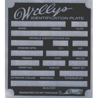 Roadster Pilot H4 Vin Tag - Willys ID Plate