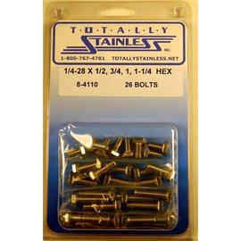 Totally Stainless 1/4-28 x 1/2", 3/4", 1", 1 1/4" Stainless Hex Head Bolts - 8-4110
