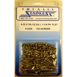 Totally Stainless 8-32 x 3/8", 1/2", 3/4", 1", & 1-1/4" Stainless  Phillips Flat Head Machine Screws - 8-2320