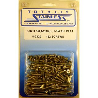Totally Stainless 8-32 x 3/8", 1/2", 3/4", 1", & 1-1/4" Stainless  Phillips Flat Head Machine Screws - 8-2320