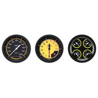 Classic Instruments 3 Gauge Set - 3 3/8" Speedo, Tach & Quad Gauges - Auto Cross Series Yellow