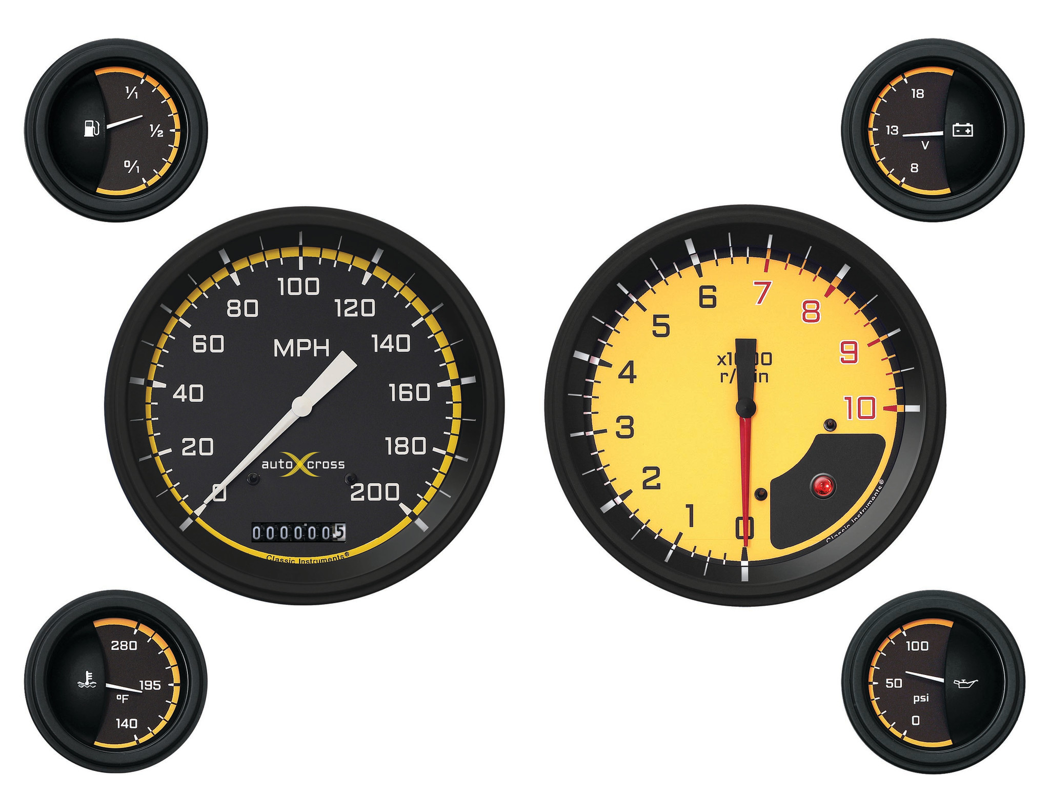 Classic Instruments Autocross Yellow 6 Gauge Set 2-1/8 Full Sweep Classic Instruments Autocross Yellow 6 Gauge Set 2-1/8 Full Sweep