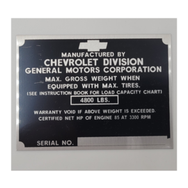 Roadster Pilot A5 Vin Tag - Chevy - Gross Weight 4800 LBS (Ser No)