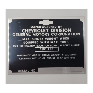 Roadster Pilot A5 Vin Tag - Chevy - Gross Weight 4800 LBS (Ser No)