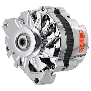 Powermaster Performance Alt GM CS130 Chrome 140A 1V Pulley Offset Left Mtg 1-Wire or OE Hookup - 378611