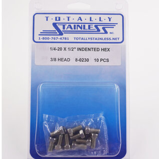 Totally Stainless 1/4-20 x 1/2" Stainless Indented Head Hex Bolts, 3/8" Head - 8-0230
