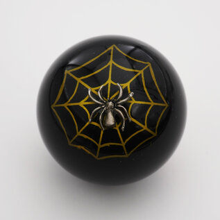 Affordable Street Rods Spider Embedment in a Black Knob with Yellow Spider Web - 2 1/8" knob with a 16mm x 1.50 brass insert