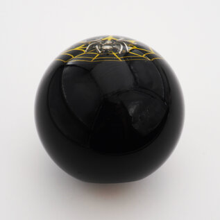Affordable Street Rods Spider Embedment in a Black Knob with Yellow Spider Web - 2 1/8" knob with a 16mm x 1.50 brass insert