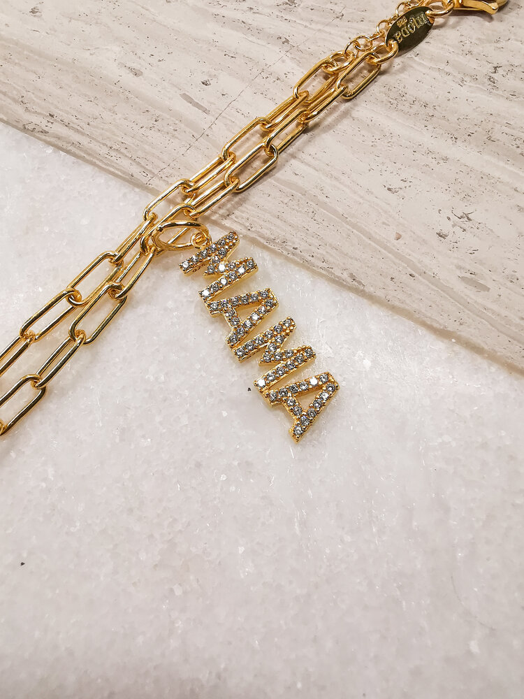 Diamond "MAMA" Charm Yellow Gold Clear