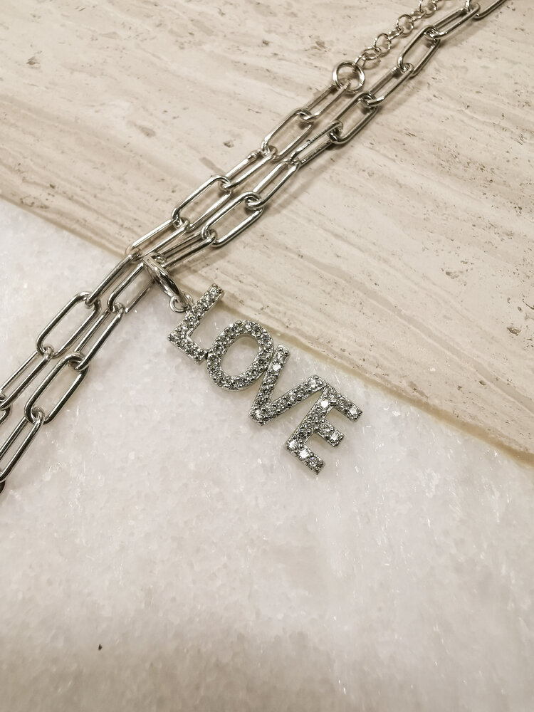 Diamond "LOVE" Charm Rhodium Clear