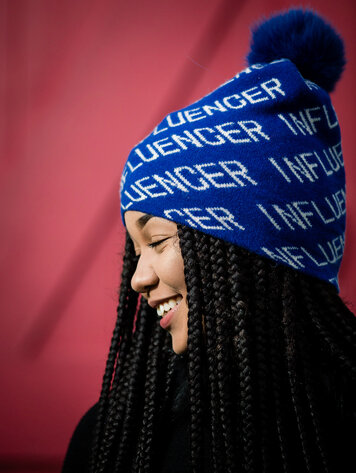Electric Blue Knit Influencer Beanie w/Fox Pom