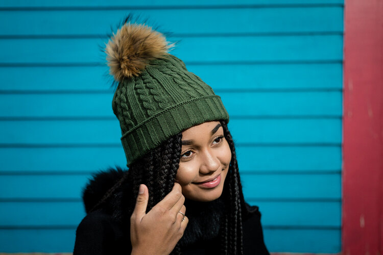 Khaki Cable Knit Beanie w/Finn Raccoon Pom