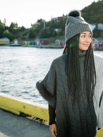 Wool Knit Turtleneck Poncho w/Fox Trim