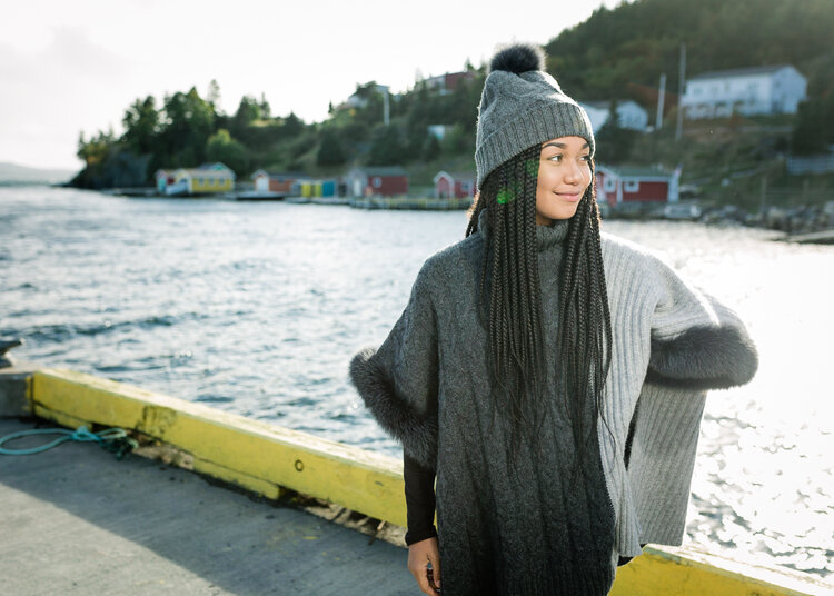 Wool Knit Turtleneck Poncho w/Fox Trim