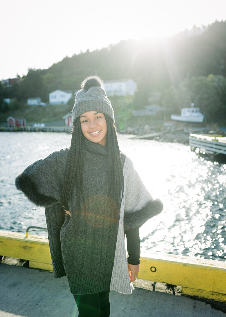 Wool Knit Turtleneck Poncho w/Fox Trim