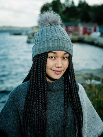 Grey Cable Knit Beanie w/Indigo Fox Pom