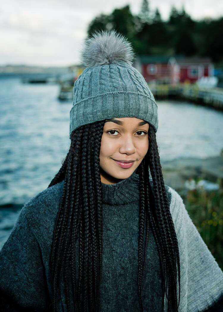 Grey Cable Knit Beanie w/Indigo Fox Pom