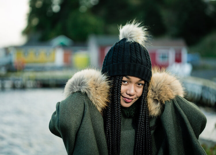 Black Cable Knit Beanie w/Finn Raccoon Pom