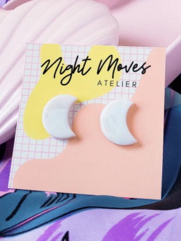 Crescent Moon Stud Earrings in White Speckle