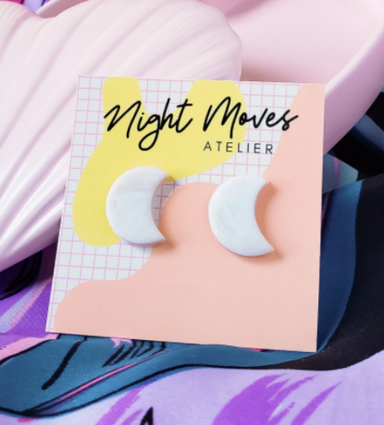 Crescent Moon Stud Earrings in White Speckle