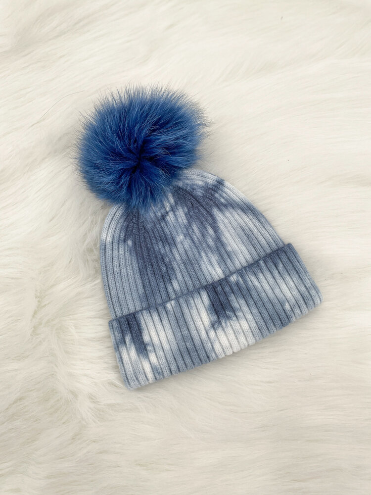 Knit Tie-Dye Hat with Fox Pom