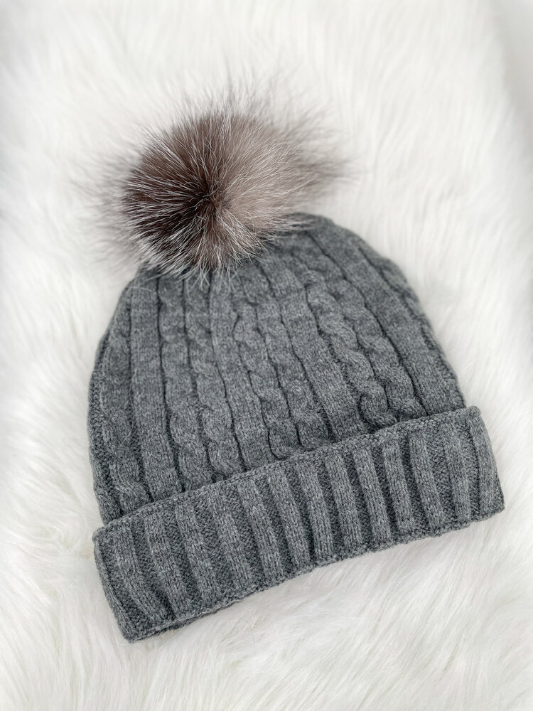 Grey Cable Knit Beanie w/Indigo Fox Pom