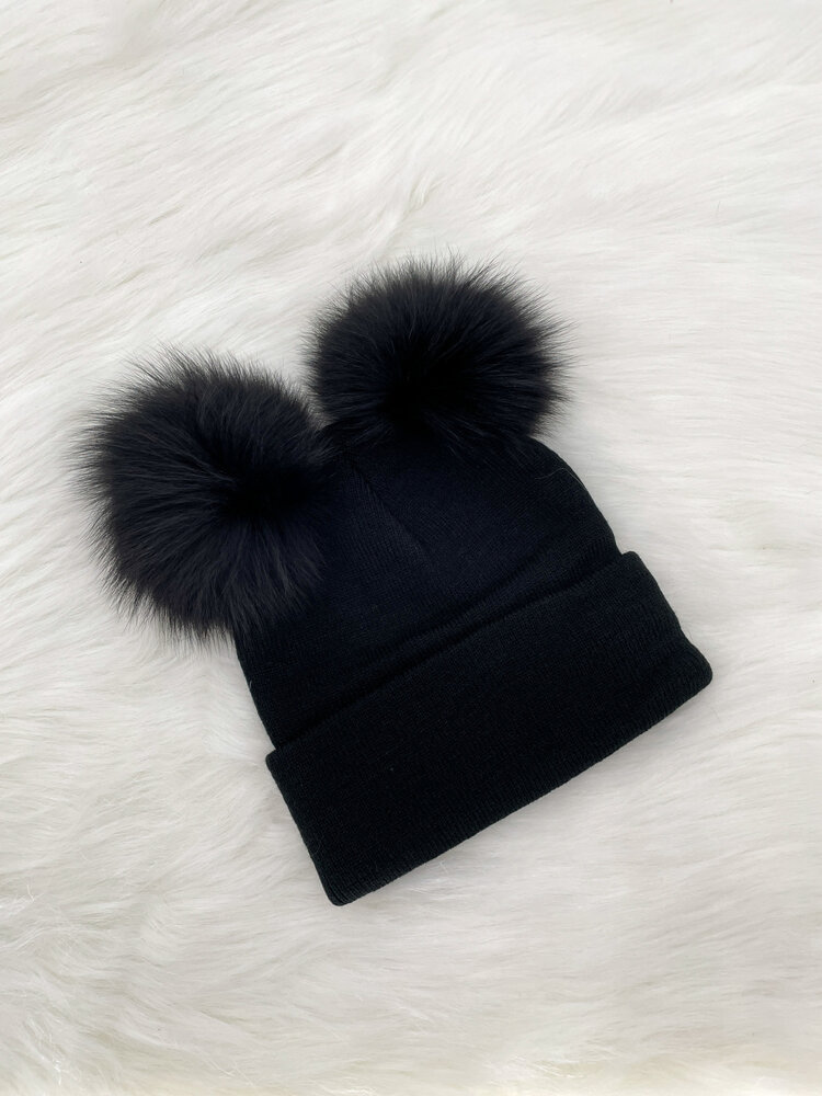 Knit Hat w/Double Fox Pom