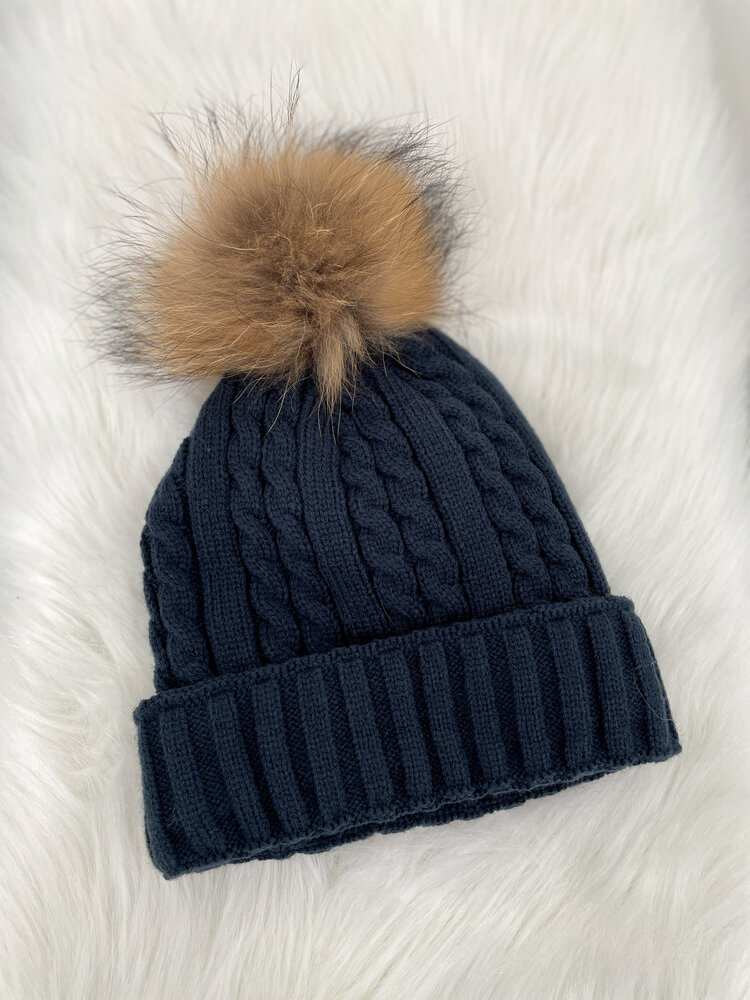 Navy Cable Knit Beanie Finn Pom