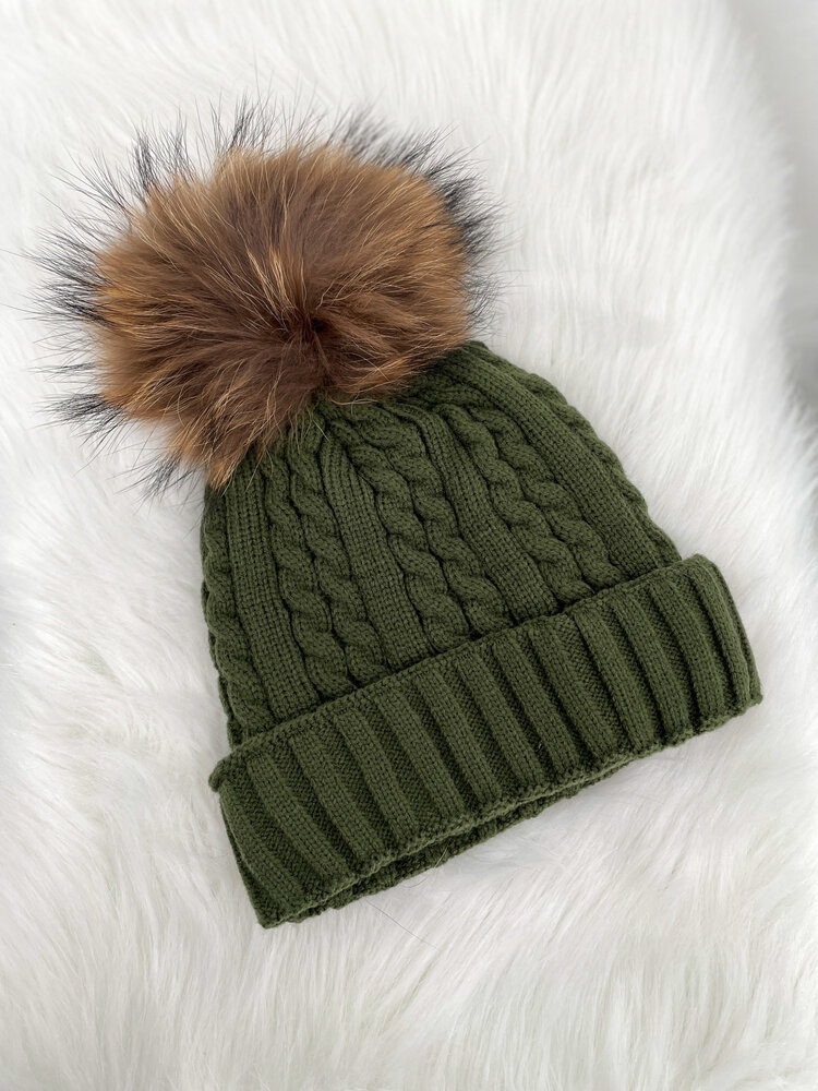 Khaki Cable Knit Beanie w/Finn Raccoon Pom