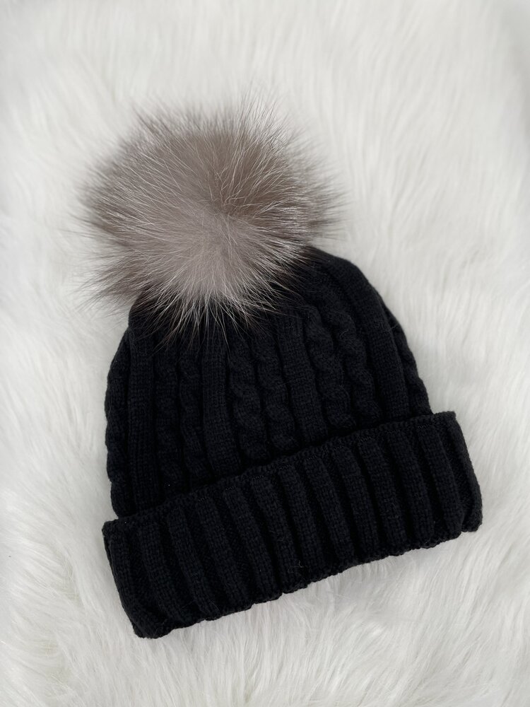 Cable Knit Beanie w/Fox or Raccoon Pom