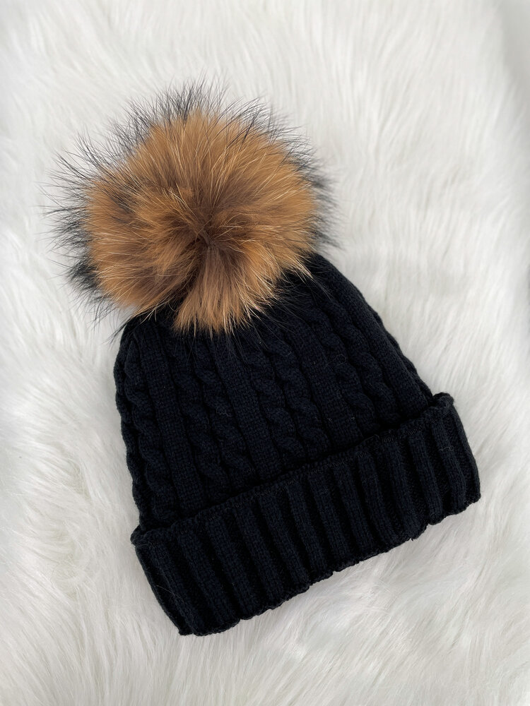Black Cable Knit Beanie w/Finn Raccoon Pom