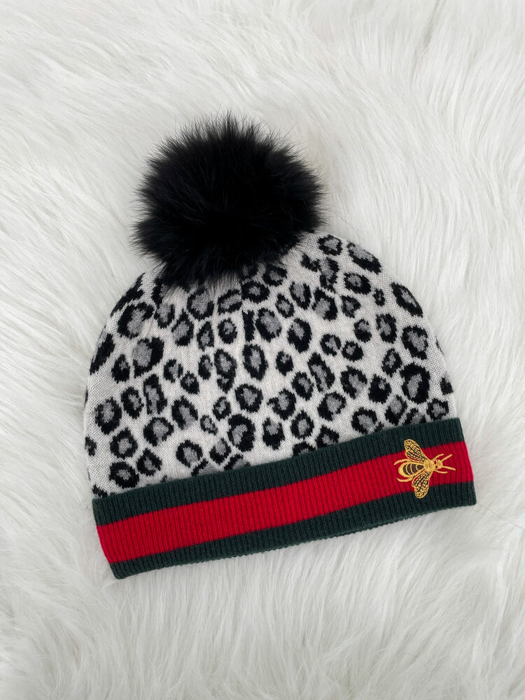 Wool Leopard Print Hat with Embroidered Bee & Racoon Pom