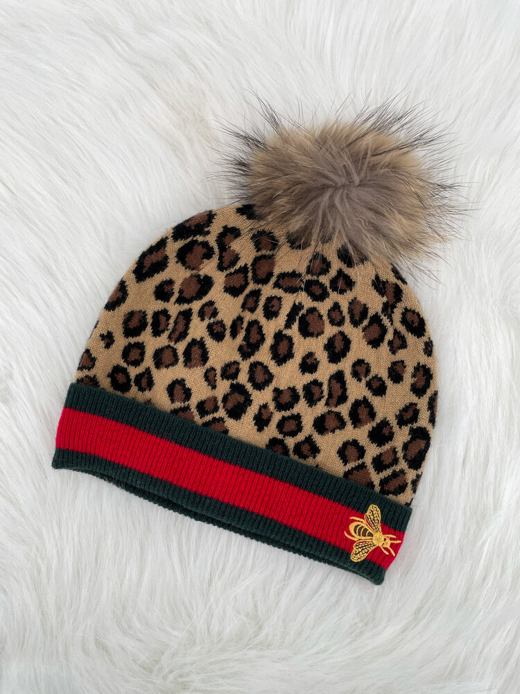 Wool Leopard Print Hat with Embroidered Bee & Racoon Pom