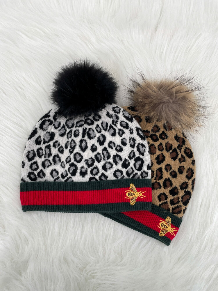 Wool Leopard Print Hat with Embroidered Bee & Racoon Pom